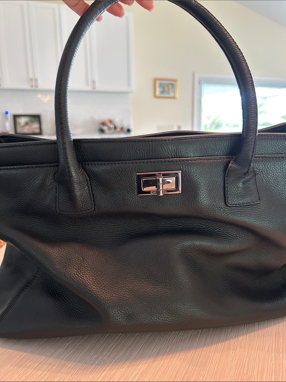Classic Black Leather Tote Bag with Turn-Lock Closure